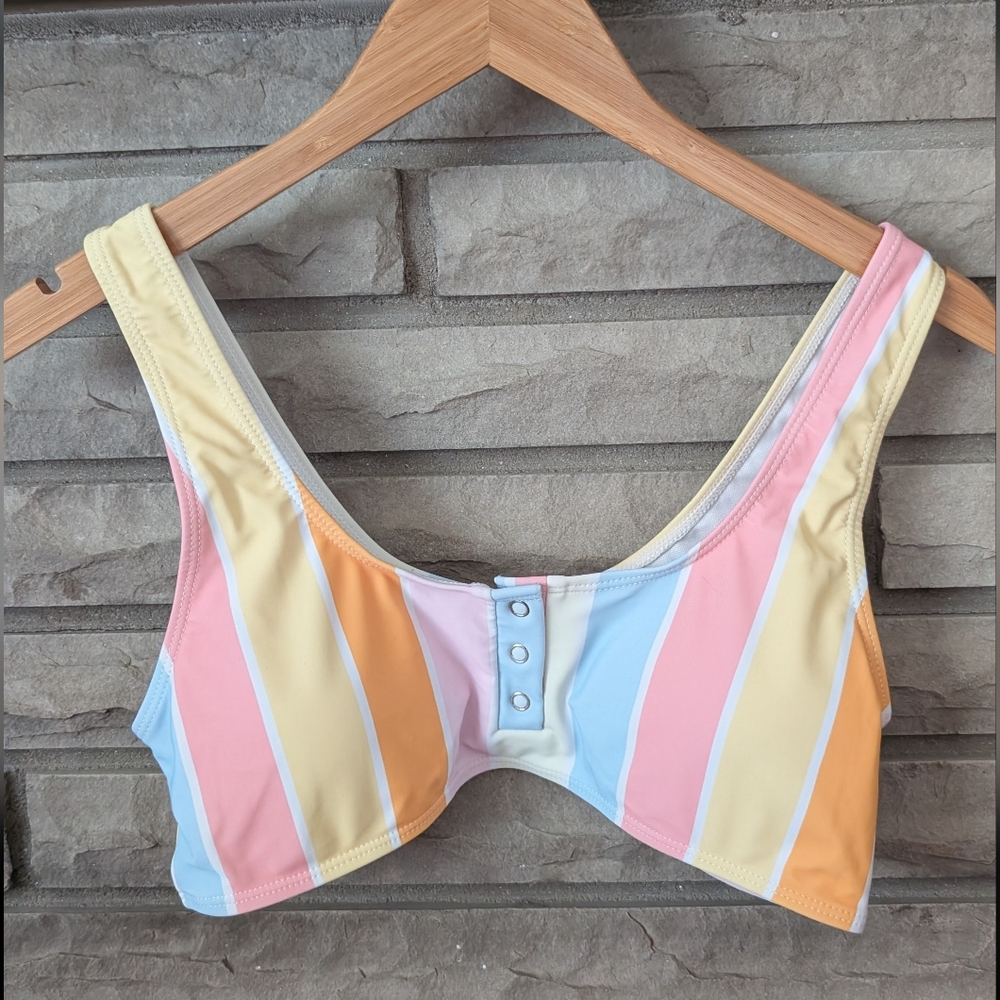 Pink Lily Pastel Striped Swim Bikini Top - Pink, Blue, Yellow, Orange Size Large